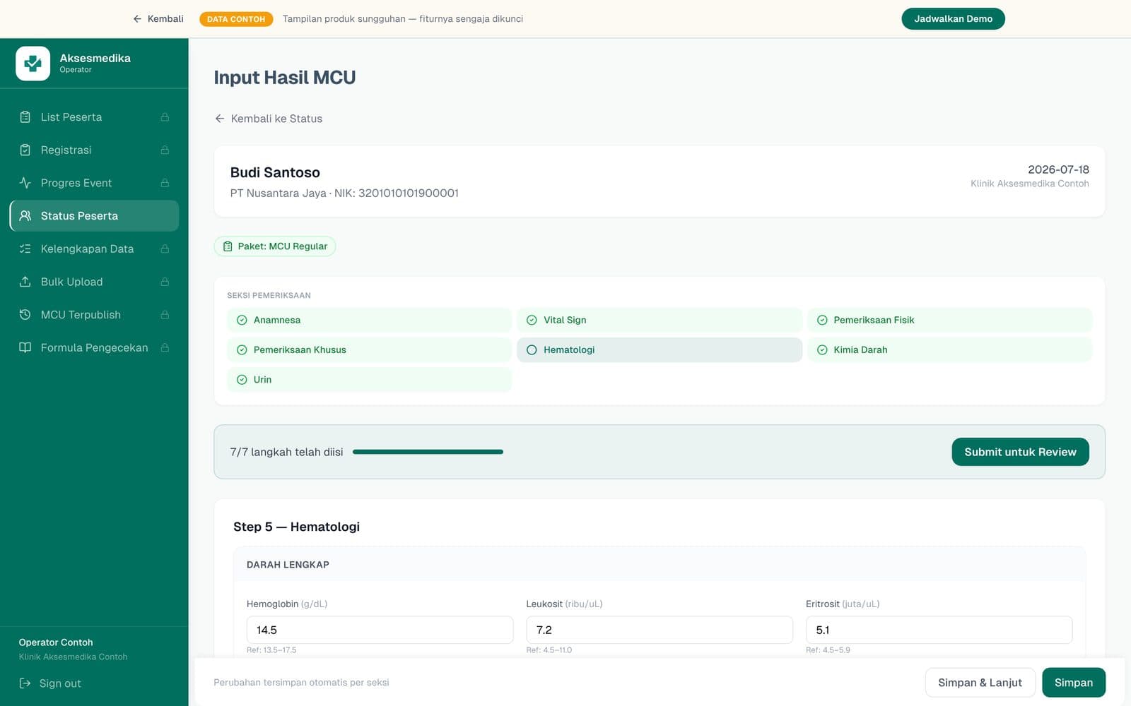 Layar input hasil MCU per seksi pemeriksaan: anamnesa, vital sign, pemeriksaan fisik, hematologi, kimia darah, urin